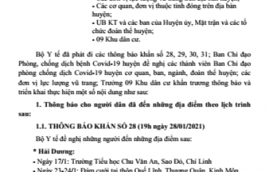 Triển khai Thông báo khẩn số 28, 29, 30, 31, 32, 33 của Bộ Y Tế về phòng chống dịch bệnh Covid-19
