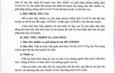 Côn Đảo triển khai thực hiện Kế hoạch xây dựng mục tiêu, nhiệm vụ. giải pháp phòng chống dịch Covid-19 đến ngày 25/8/2021 trên địa bàn huyện